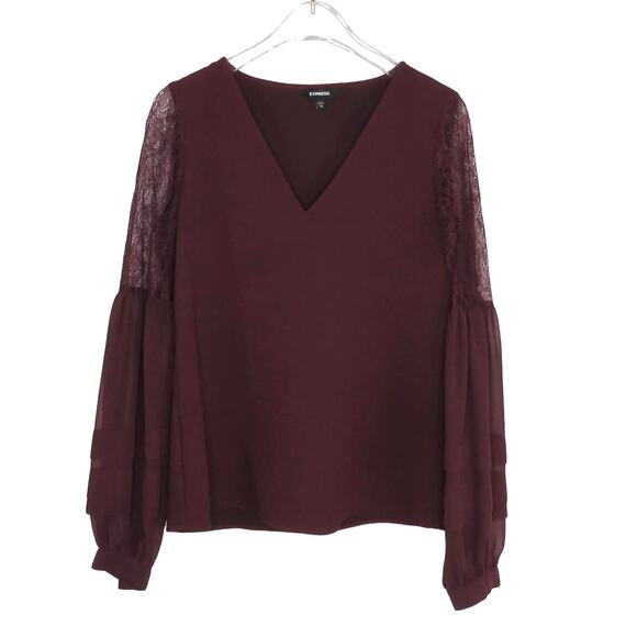 Express Burgundy Lace Balloon Sleeve Long Sleeve V-Neck Blouse XS - Picture 2 of 5